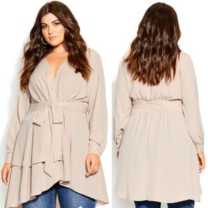 NWT City Chic Soft Touch Wrap Tie Long Sleeve Tunic Soft Sand